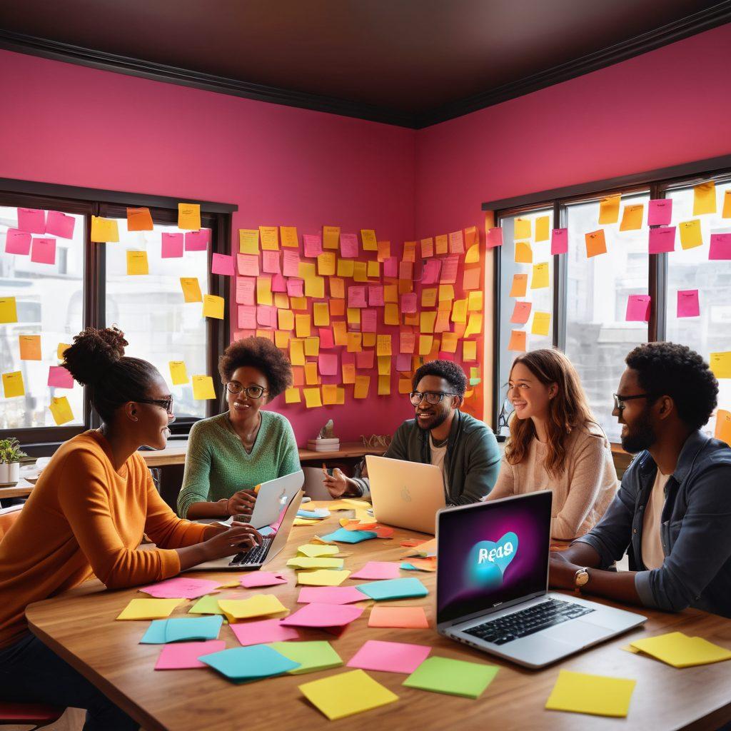 An imaginative digital workspace featuring a diverse group of creators collaboratively discussing ideas, surrounded by vibrant post-it notes and open laptops displaying engaging content. Capture the essence of creativity with lively expressions, a bright atmosphere, and elements symbolizing audience engagement like speech bubbles and hearts. super-realistic. vibrant colors. 3D.