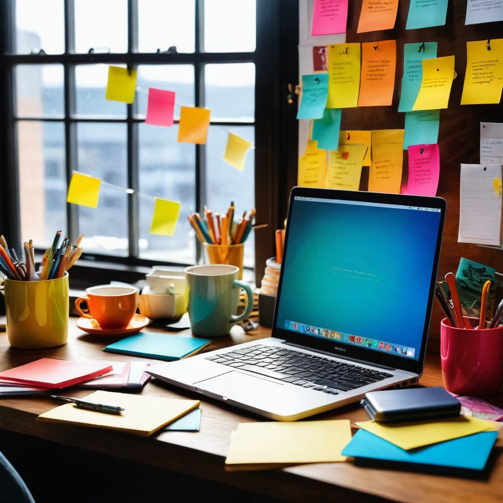A vibrant and inspiring workspace featuring a modern desk with a laptop open, surrounded by colorful sticky notes filled with ideas. The background showcases a wall of books on blogging and writing, illuminated by warm sunlight streaming through a window. Include a steaming cup of coffee and a notepad for jotting down thoughts, symbolizing creativity and productivity. super-realistic. vibrant colors. soft lighting.