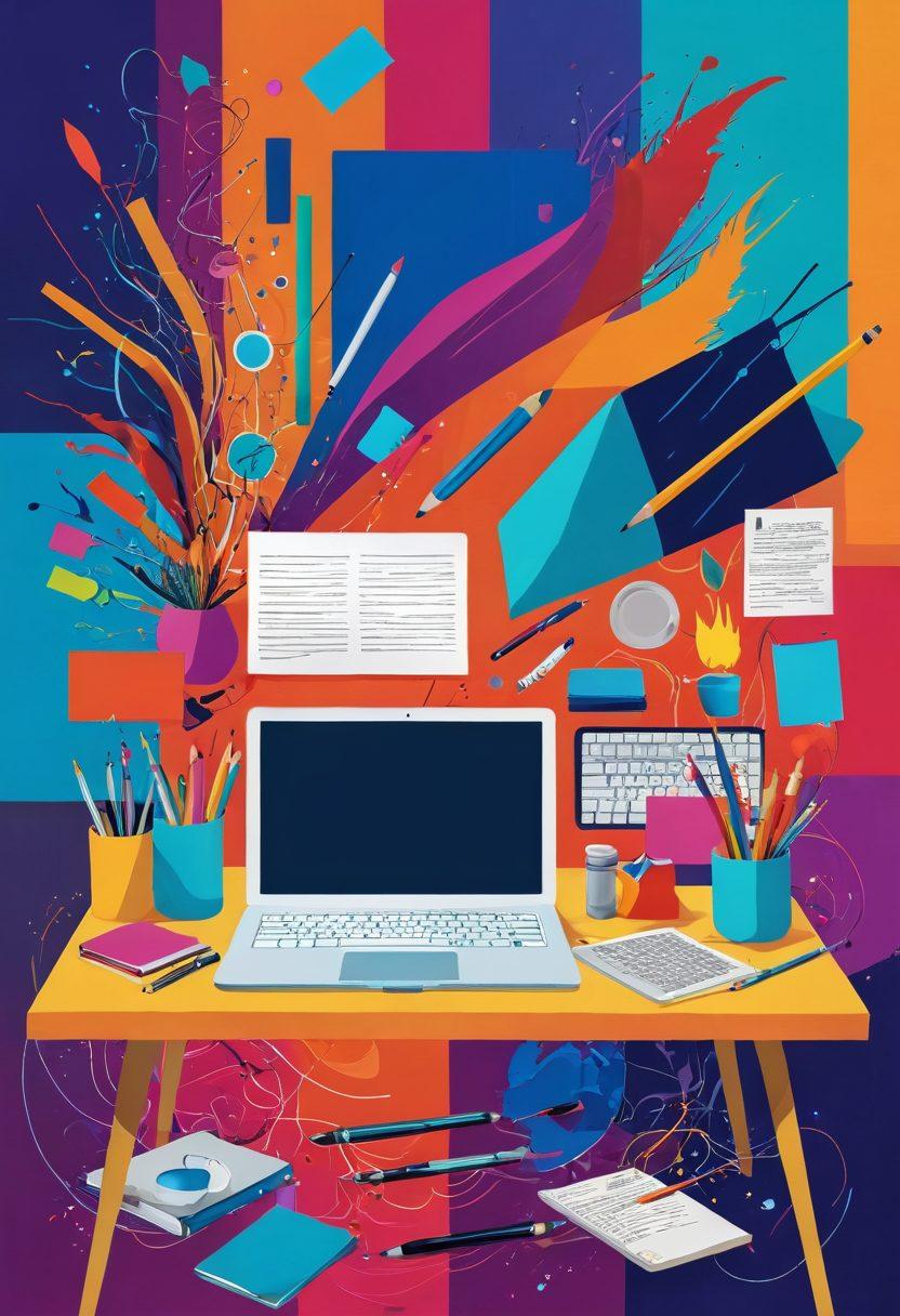 A vibrant collage featuring a diverse group of individuals passionately expressing their creativity through writing, art, and digital media. Include elements such as a colorful writing desk, digital devices displaying blog posts, and artistic tools scattered around. The background should evoke a sense of inspiration with swirls of vibrant colors and abstract shapes symbolizing ideas flowing. Incorporate hints of technology, like pixels and circuitry, to represent the digital blogosphere. modern painting. vibrant colors. dynamic composition.